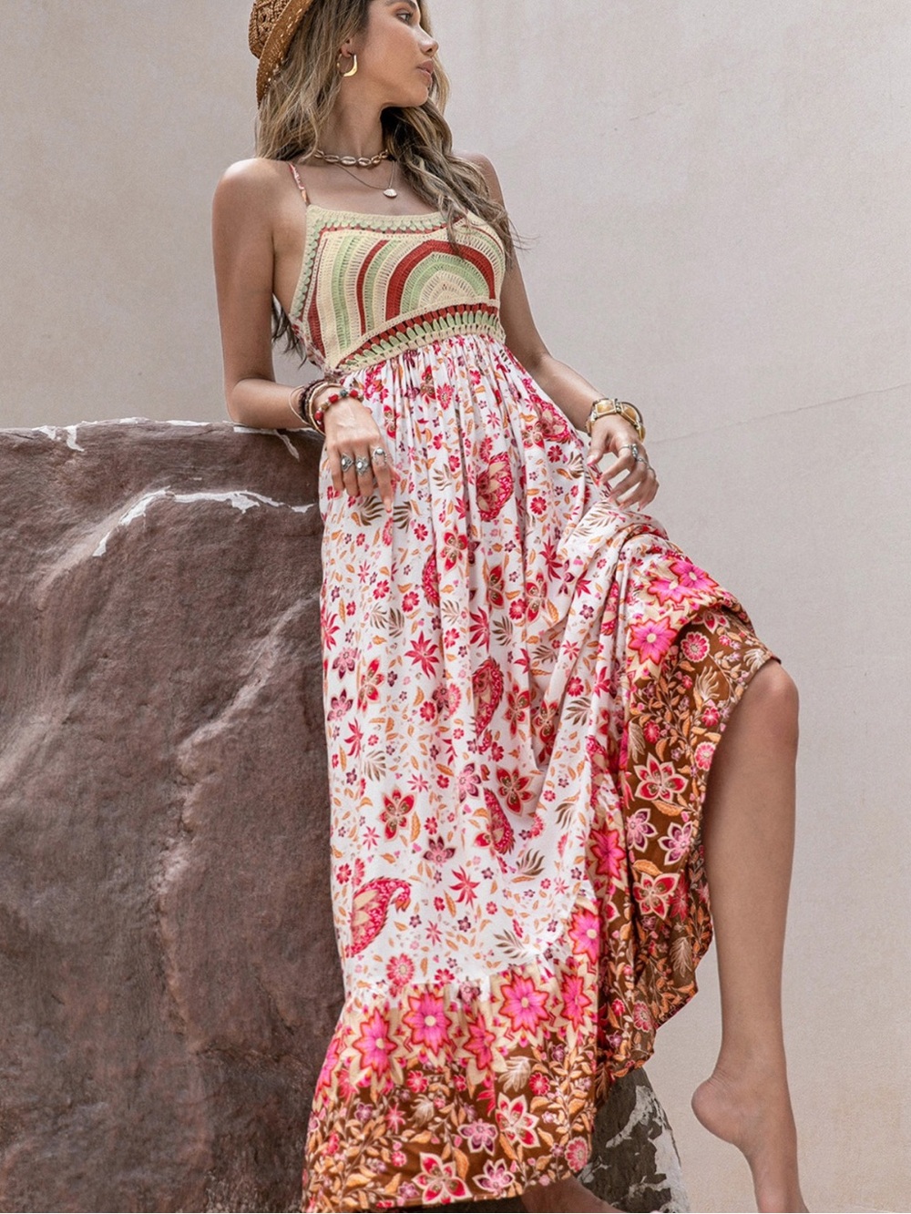 ❤️Hello Gorgeous! Boho Floral Maxi Dress with Crochet Bodice - Caramel